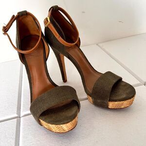 Tory Burch Amina Women Sandal Sz 7.5M Olive Woven Platform High Heel Ankle Strap